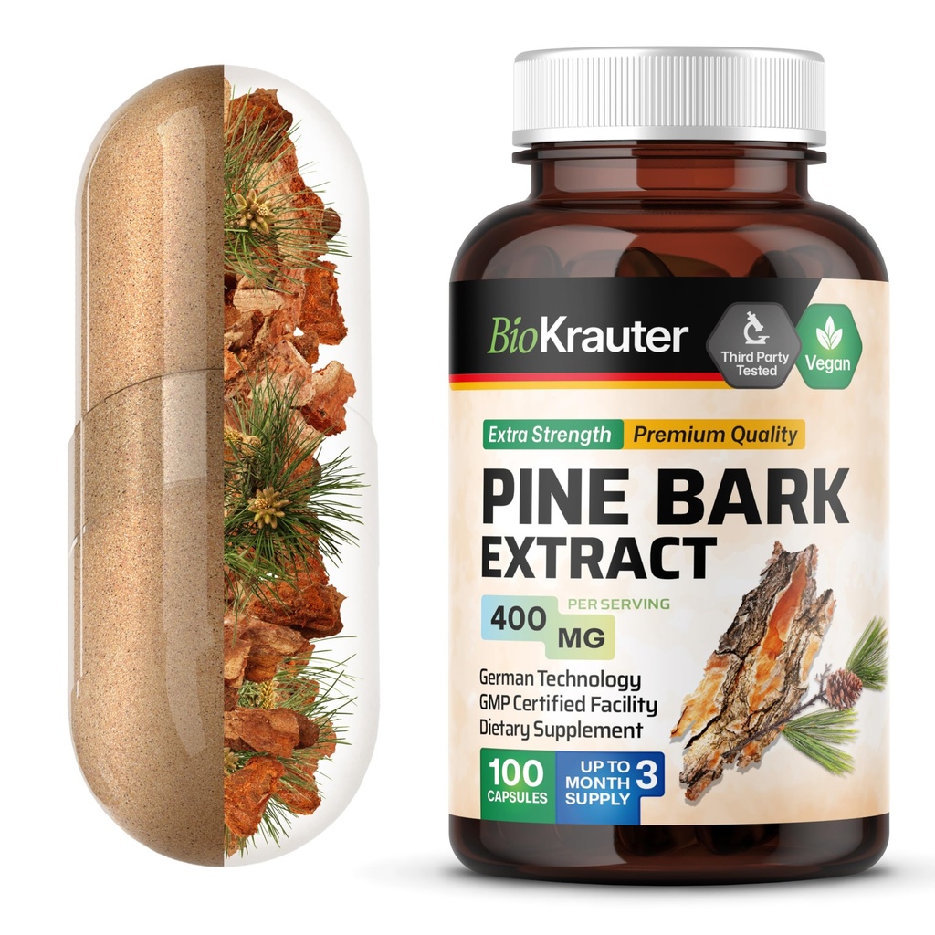 BIO KRAUTER Pine Bark Extract Capsules 400 mg - 100 greve - Antioksidant Supplement - 95% Proanthocyanidins - Pine Bark Supplement - Vegan, Ingen Fyllere