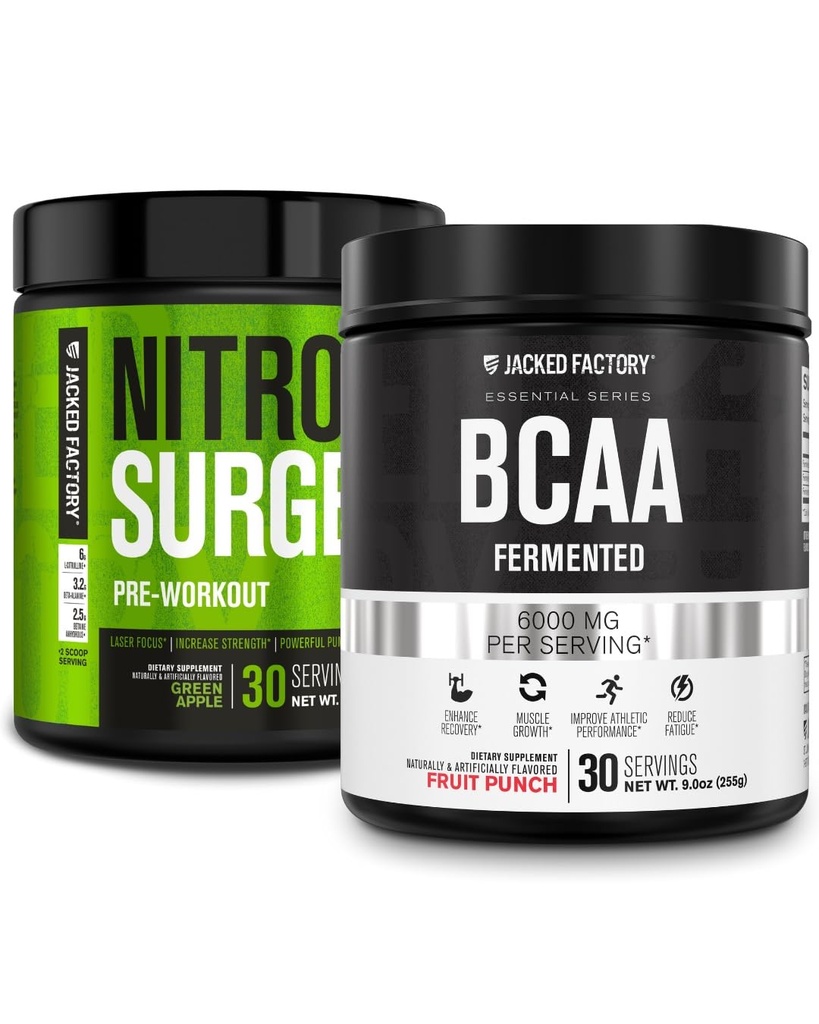Jacked Factory Nitrosurge Pre Workout i Grønn Apple & BCAA i Fruit Punch for muskelbygging og gjenoppretting