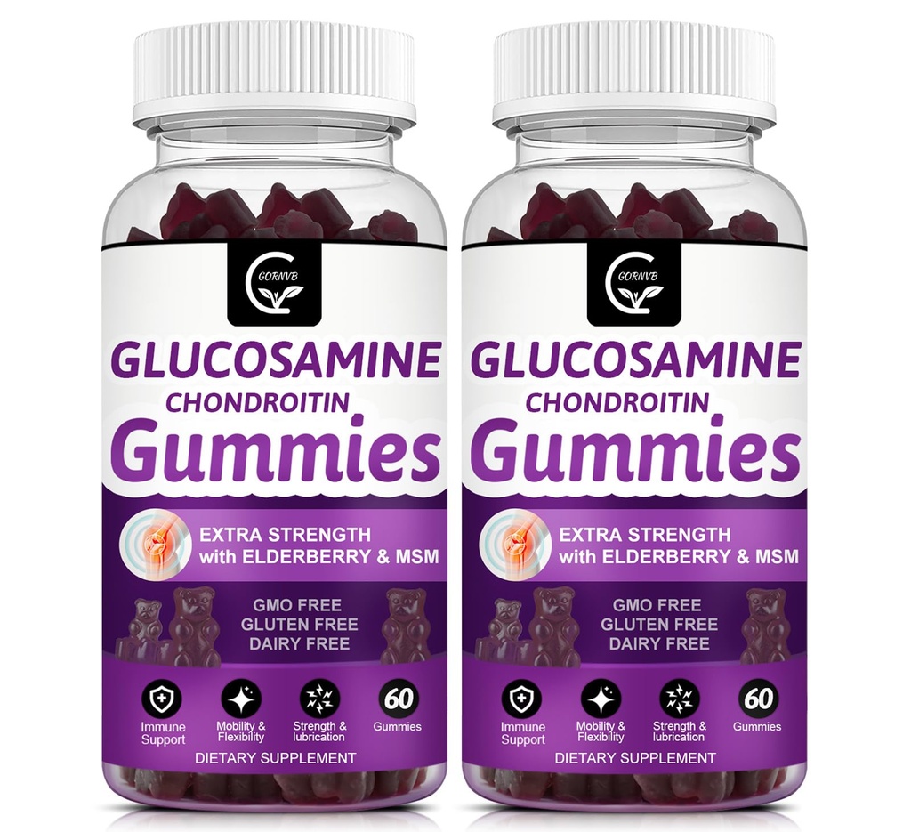 Glucosamine Chondroitin Gummies med MSM & Elderberry ekstra styrke - Fleksibilitetsstøtte, Antioksidant immunstøtte Supplement for voksne, menn og kvinner - 60 Chondroitin Gummies (2 pakke)