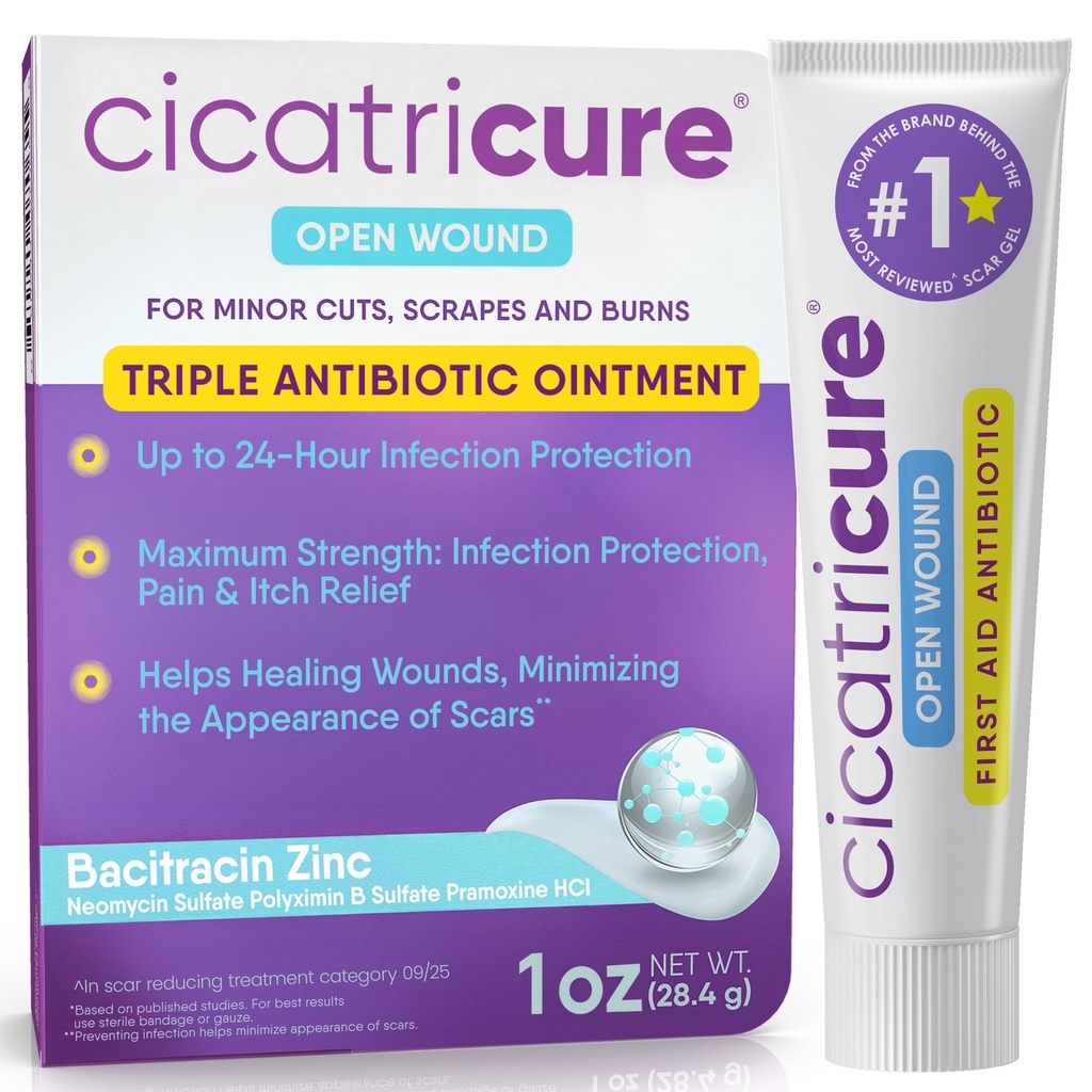 Cicatricure Triple Antibiotic Ointment med smertelindring, Bacitracin Antibiotic Ointment & Krem for sårpleie, Healing Ointment for Cuts, Burns, Insekt Bites, Førstehjelpsforsyninger Essential, 1 oz