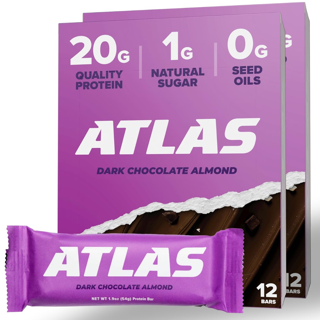 Atlas Protein Bar, 20g Protein, 1g Sukker, Rene ingredienser, Glutenfri, Mørk Sjokolade Almond (12 greve, pakke med 2)