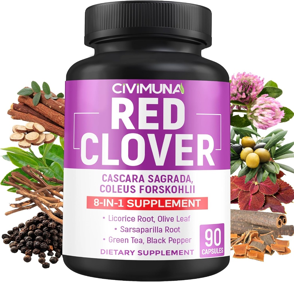 Røde Clover kapsler med rød Clover, Cascara Sagrada Bark, Coleus Forskohlii - 90 kapsler i 3 måneders forsyning