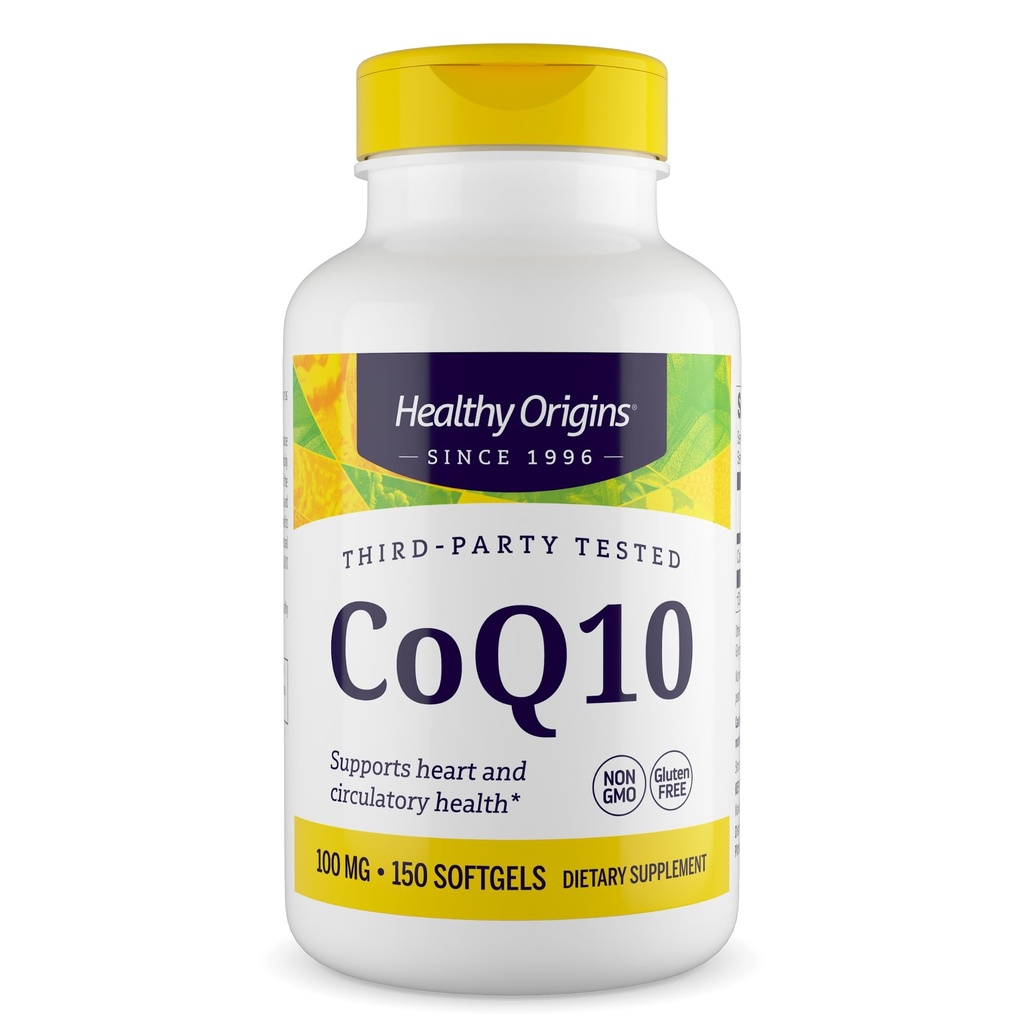 Sunn Origins® CoQ10 100 mg – Naturlig Trans-Isomer Ubiquinon – Yeast Fermented, støtter hjertehelse og cellulær energi – ikke-GMO 150 Softgels