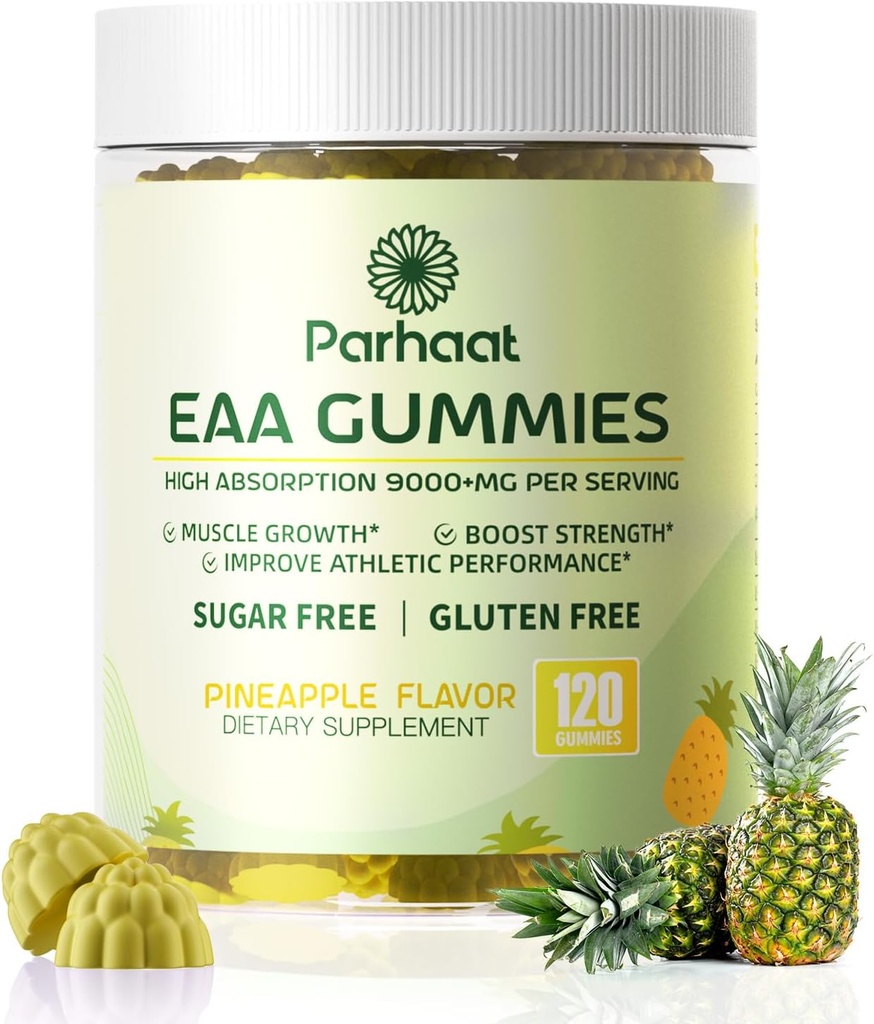 EAA Gummies 120 Gummies (Pineapple), essensielle aminosyrer - alle 9 essensielle Aminos (EAA) og alle grened-Chain Aminos (BCAA), ikke-GMO, Glutenfri, Vegetarvennlig
