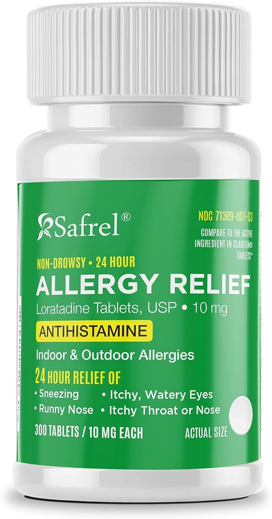 Safrel Allergi 10mg Tabletter Ikke-Drowsy 24-timers Allergy Relief Medisin ® Antihistamin støtte for Runny Nese, Sneezing, kløende, vannige øyne (300 Count (Pack of 1))