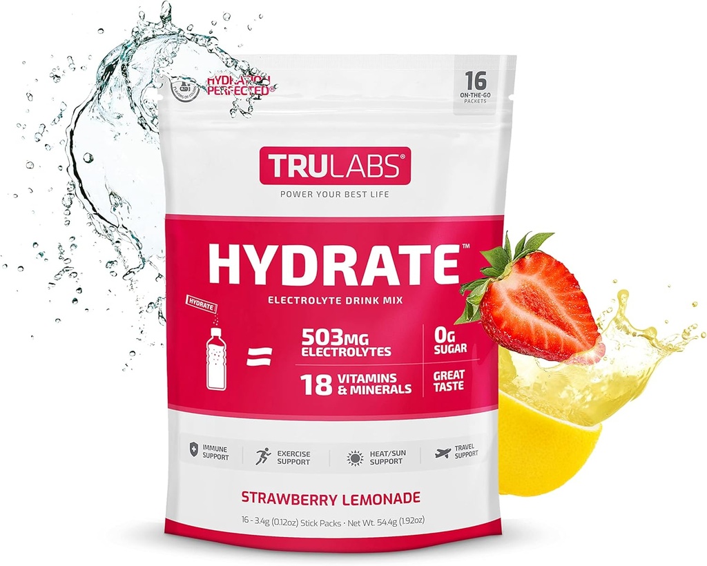 TRULABS Hydrate Strawberry Lemonade, Hydration Elektrolytt pulverisert drikkeblanding,16 Sticks. Null sukker, bare 5 kalorier, 503mg elektrolyter.