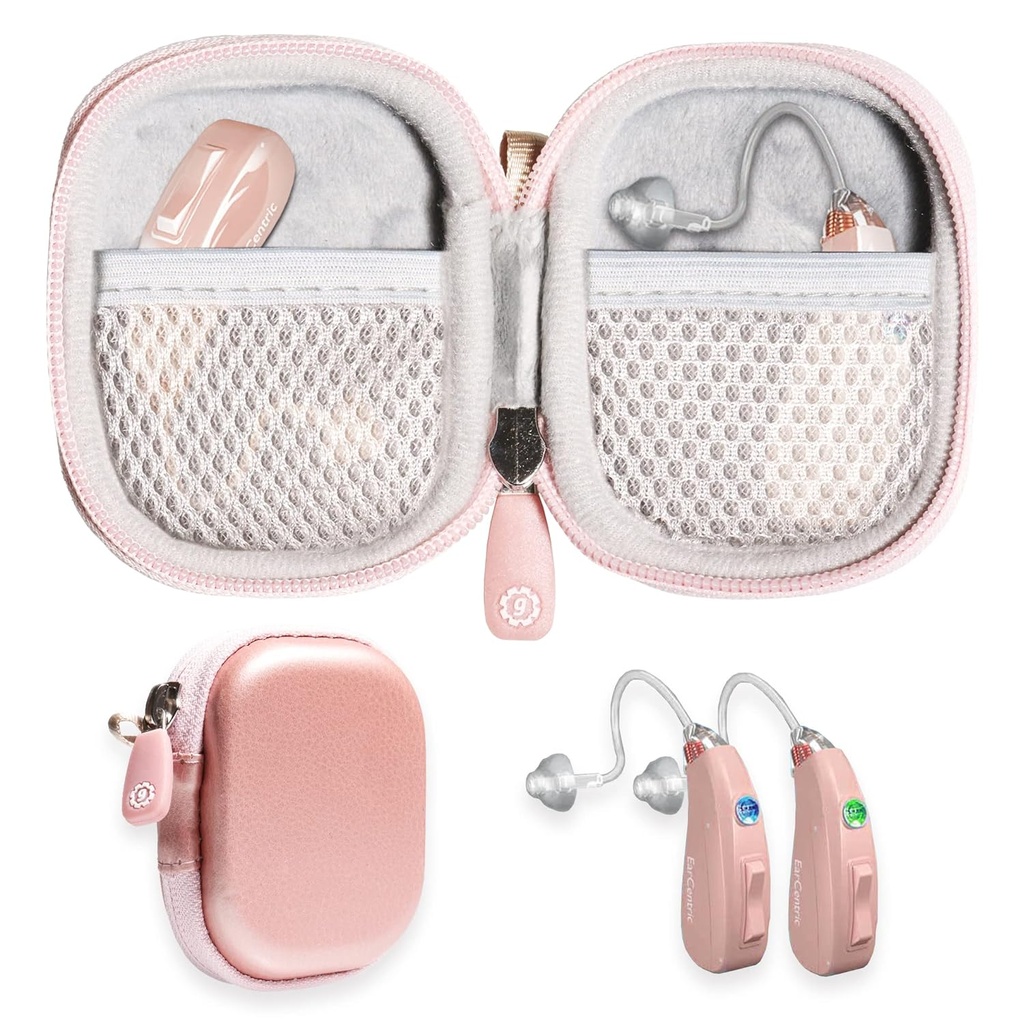 GETGEAR Designet beskyttende tilfelle for høreapparat, hørselsforsterker, personlig lydforsterker, høreapparat, lytteapparat, sterk miniveske med mesh lomme (Rose Gold