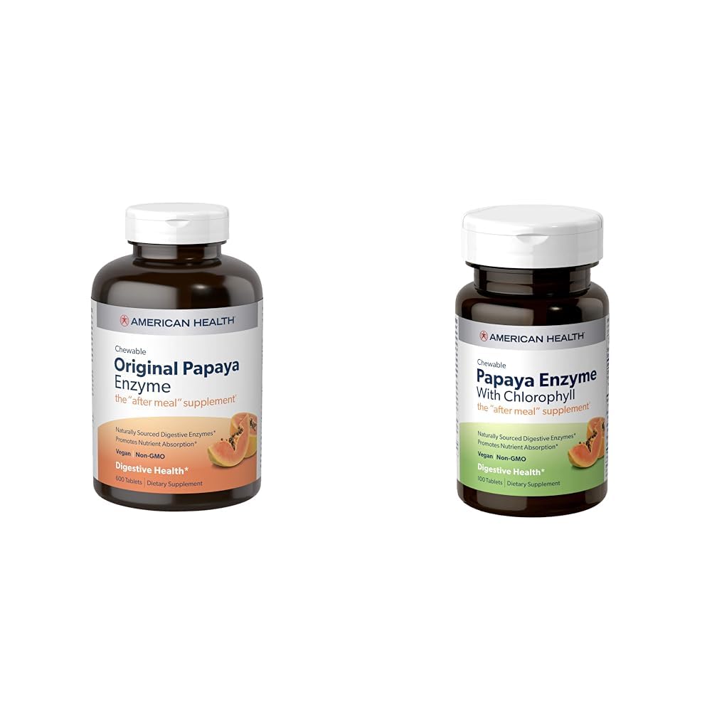 Amerikansk helse Papaya Digestive Enzyme Chewable Tabletter Bundle - Original 600 greve og med Klorofyll 100 greve