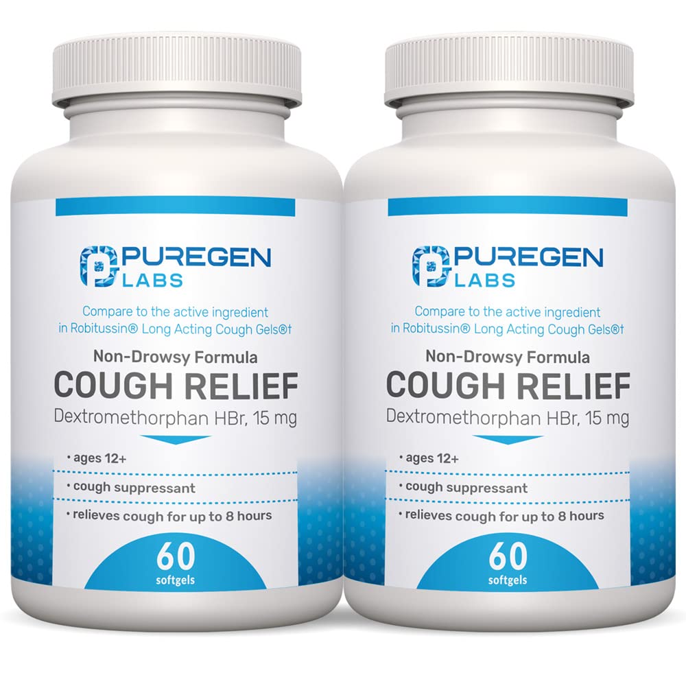 P Puregen Labs Cough Relief for voksne Dextromethorphan HBr 15mg (120 Softgels) 8-Hour, ikke-Drowsy, Long-Lasting Bronchial Suppressant |Ages 12+ | Sammenlign med Robafen og Robitussin 2Pack