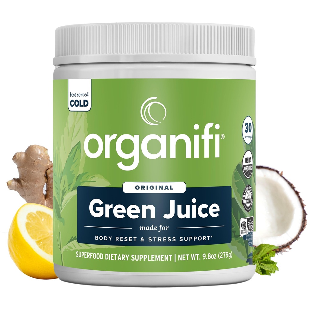 Organifi Grønn Juice - Powder Supplement med organisk Spirulina, Ashwagandha og Chlorella - bidrar til å oppnå Fitness mål og redusere Cortisol nivåer, 30-dagers forsyning