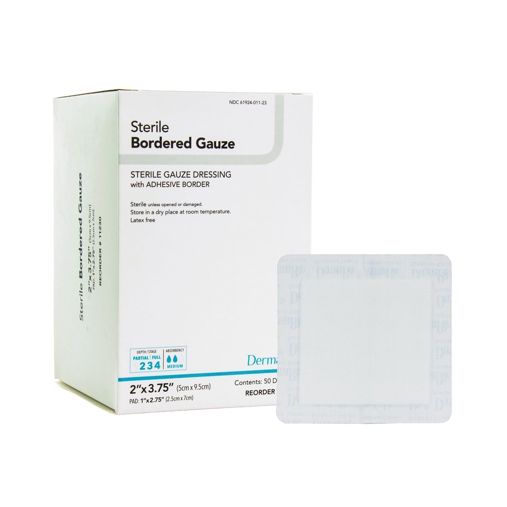DermaRite's Sterile Bordered Gauze Dressing med klesgrense - Fleksibel ikke-liting materiale, First-Aid, Individuelt pakket - 2 i. x 3-3/4 i., 1 greve, 50 pakker, 50 Totalt