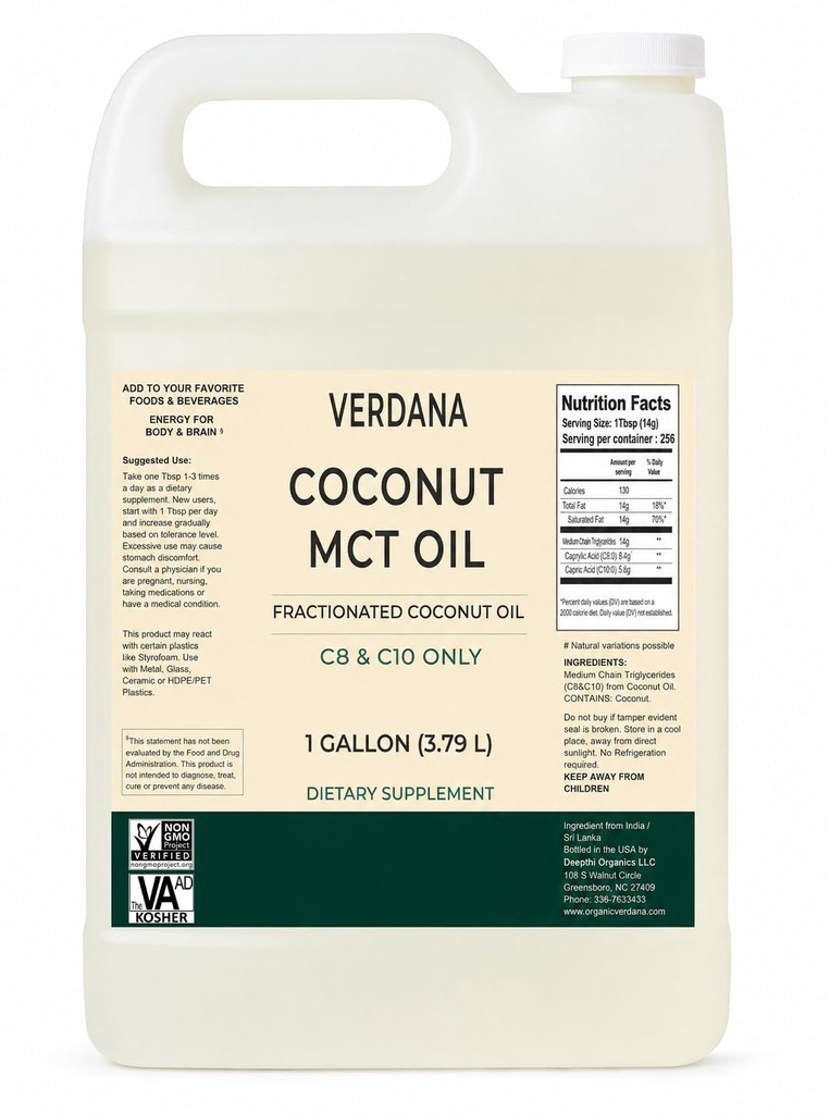 Verdana MCT Olje, Fraksjonert, 100% fra kokosnøtt - 1 Gallon - Kosher Food Grade, Vegansk, Ikke-GMO - Flott for Keto og Paleo Diet (128 Fl Oz)
