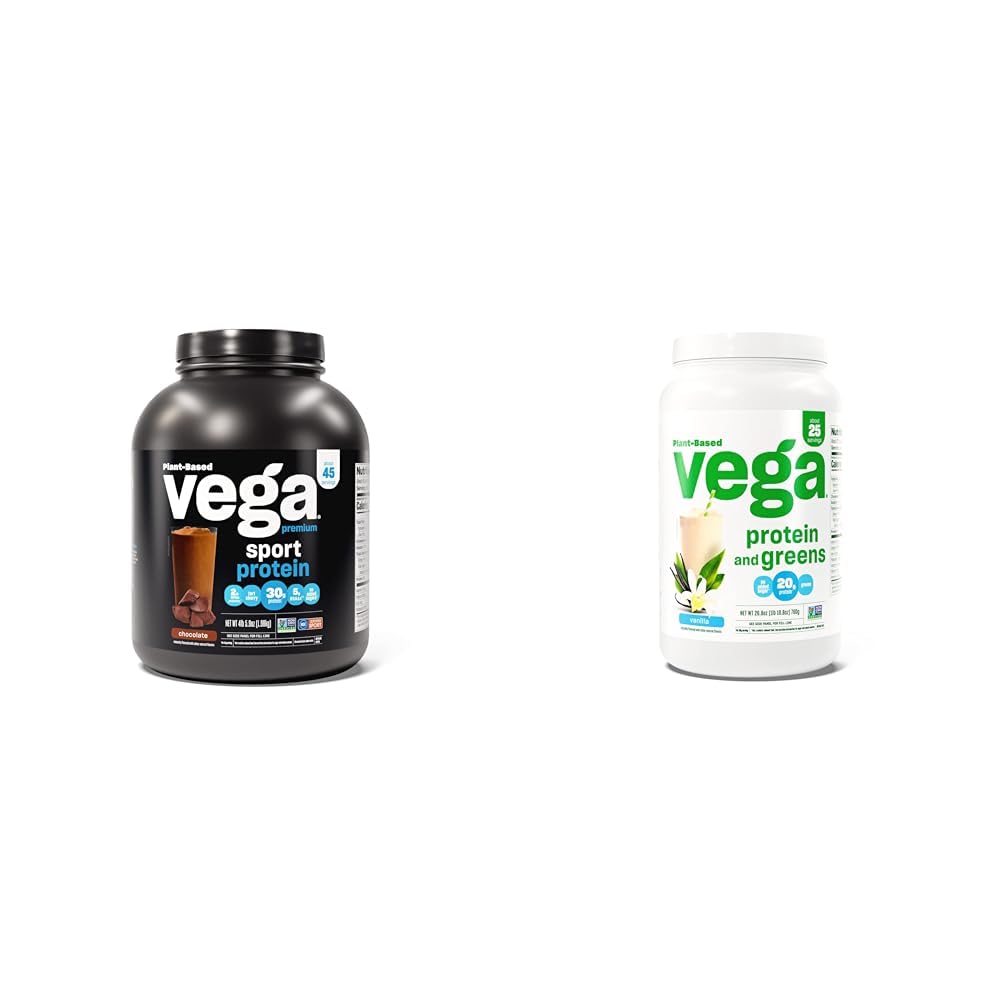 Vega Sport Premium Vegansk Protein Powder Sjokolade (45 Serveringer) 30g Plant Basert Protein & Protein og Grønn Protein Powder, Vanilla - 20g Plant Basert Protein Plus Veggies