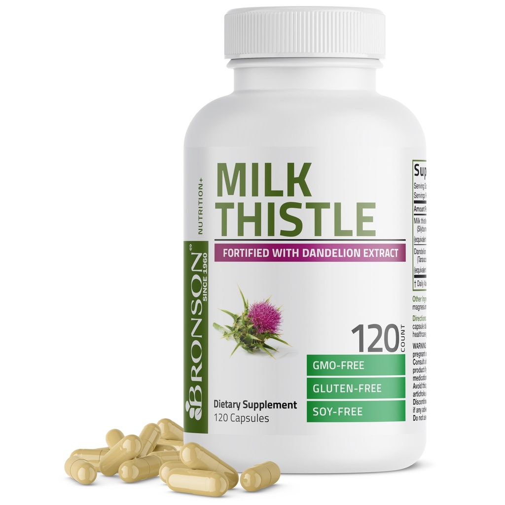 Bronson Milk Thistle Silymarin Marianum & Dandelion Extract Liver Helse Støtte, Antioksidant støtte, Detox, 120 Kapsler