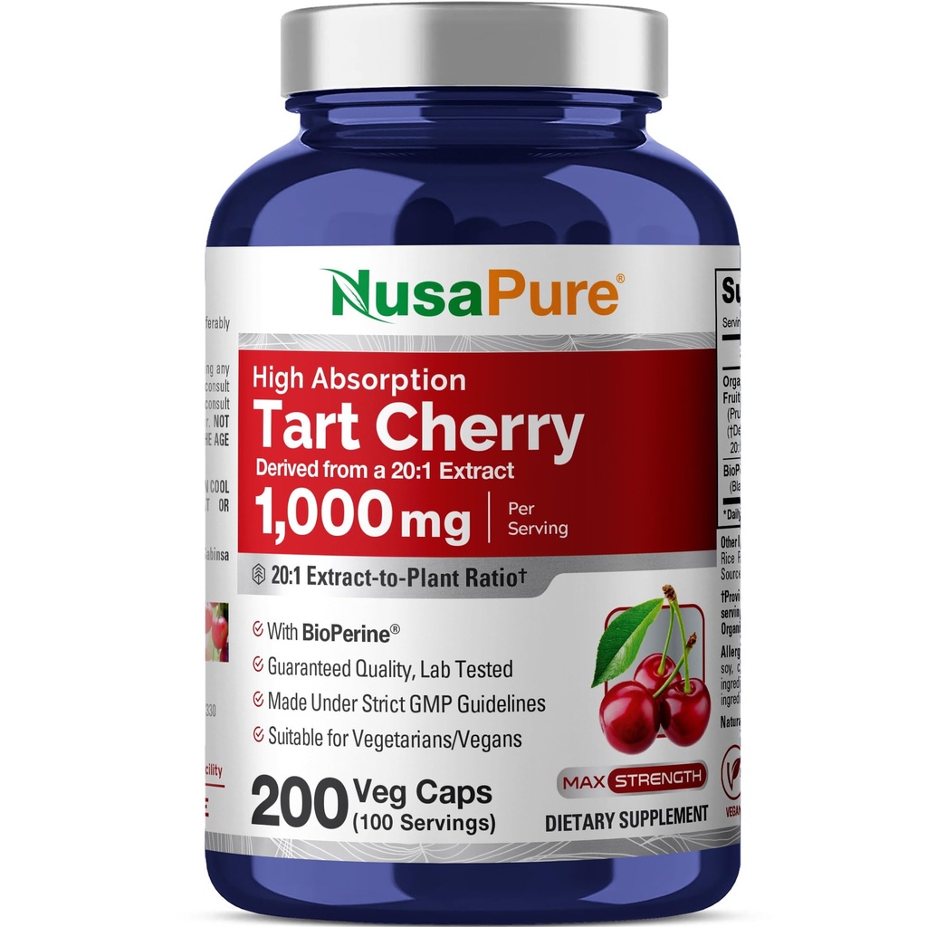 NusaPure Organic Tart Cherry 20:1 Ekstrakt, 1000 mg Tilsvarende til 20 000 mg 200 Veggie Caps (Vegan, ikke-GMO) Bioperin