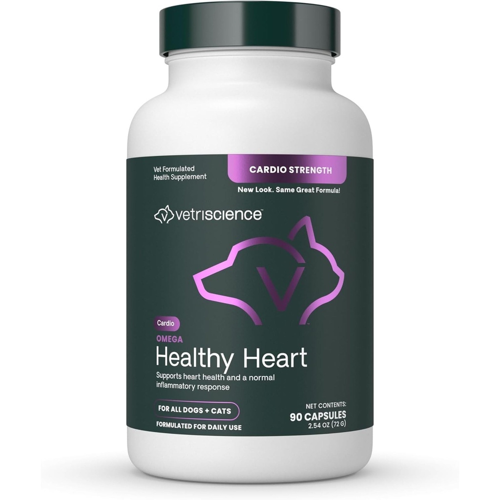 VetriScience Omega Sunn Heart Easy-Open Capsules, Cardio Styrke Taurin og Omega-3 Supplement for hunder og katter, hjerte støtte Supplement for kjæledyr, 90 greve