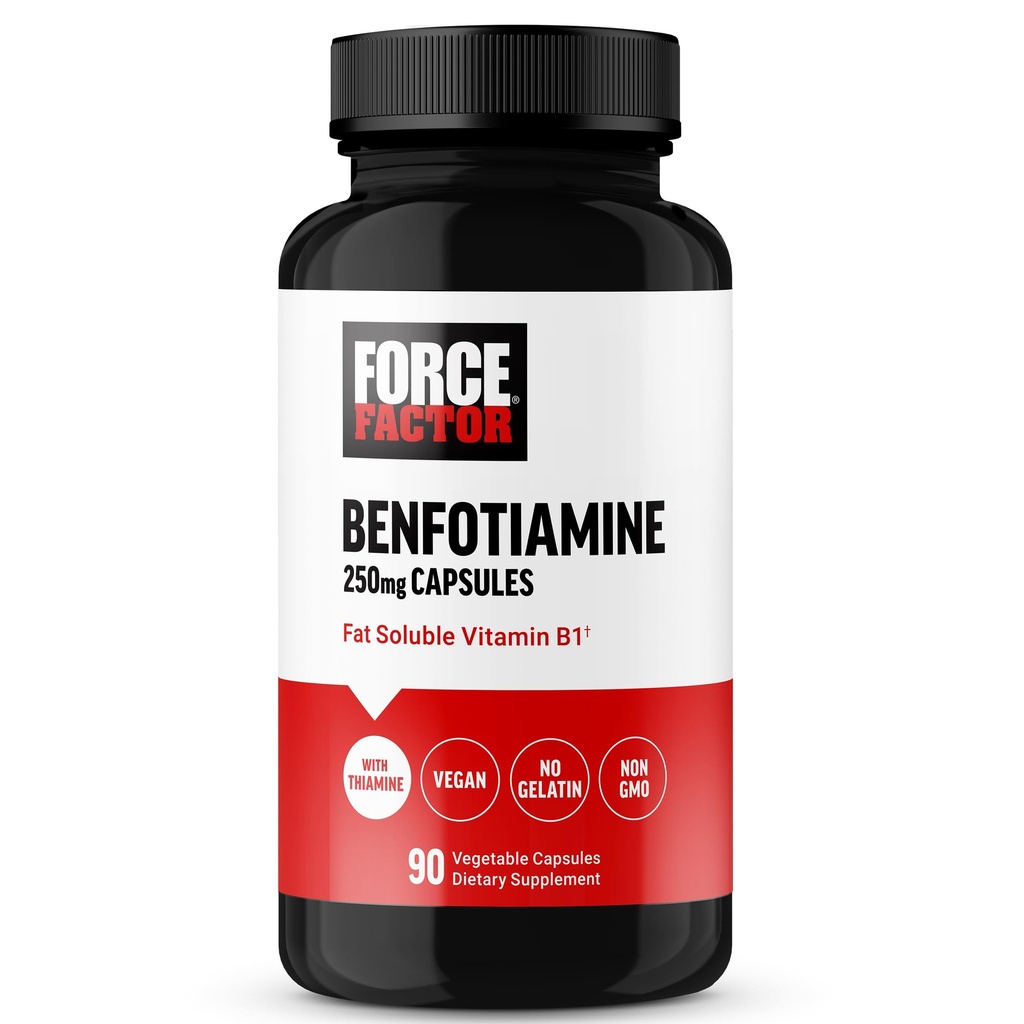 FORCE FACTOR Benfotiamin Plus Thiamine Supplement, fettløselig vitamin B1 for høy absorpsjon, ikke-GMO, Vegan, 90 Grønnsaker kapsler