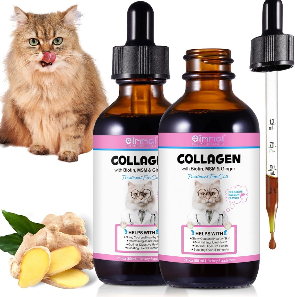 2Pack flytende collagen for katter, kollagen for katter 2 fl.oz, hud og coat supplement for katter, kløe lindring for katter med allergier, med Bovine collagen, Biotin, MSM, Ginger, kollagen for katter drops