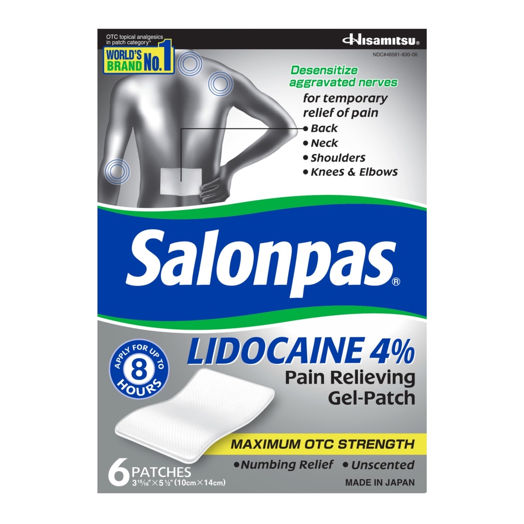 Salonpas Lidocaine 4% smertestillende Gel-Patch, 6 greve, for tilbake, hals, skulder, kne & elbow smerte