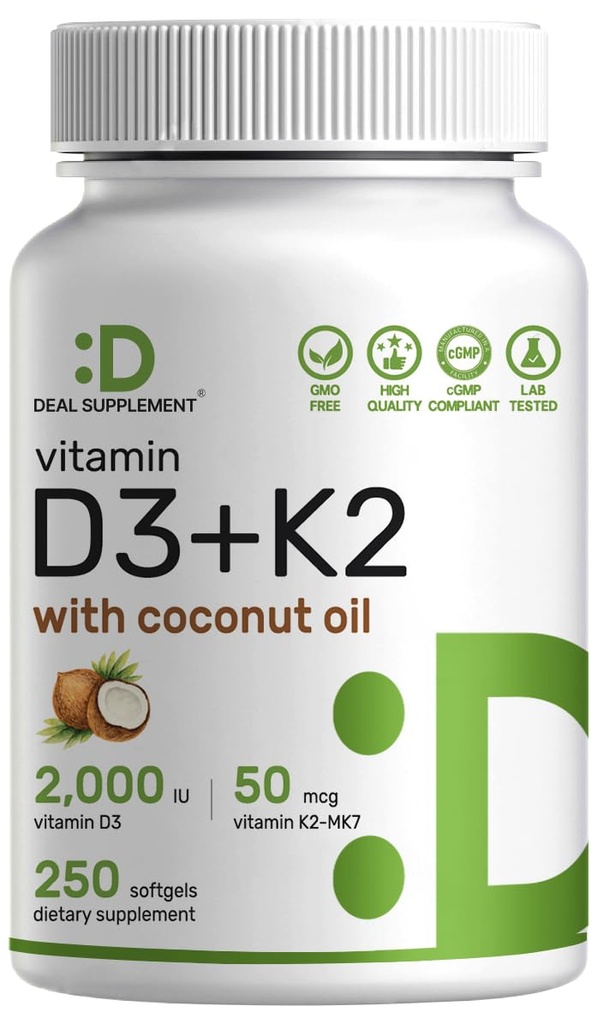 DEAL Supplyment Vitamin D3 2.000 IU + K2 MK7 50mcg Softgels | 2-i-1 Kompleks med Jomfru Coconut olje | Støtter hjerte, bein, tenner og immun helse | lett å svelge
