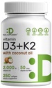 DEAL Supplyment Vitamin D3 2.000 IU + K2 MK7 50mcg Softgels | 2-i-1 Kompleks med Jomfru Coconut olje | Støtter hjerte, bein, tenner og immun helse | lett å svelge