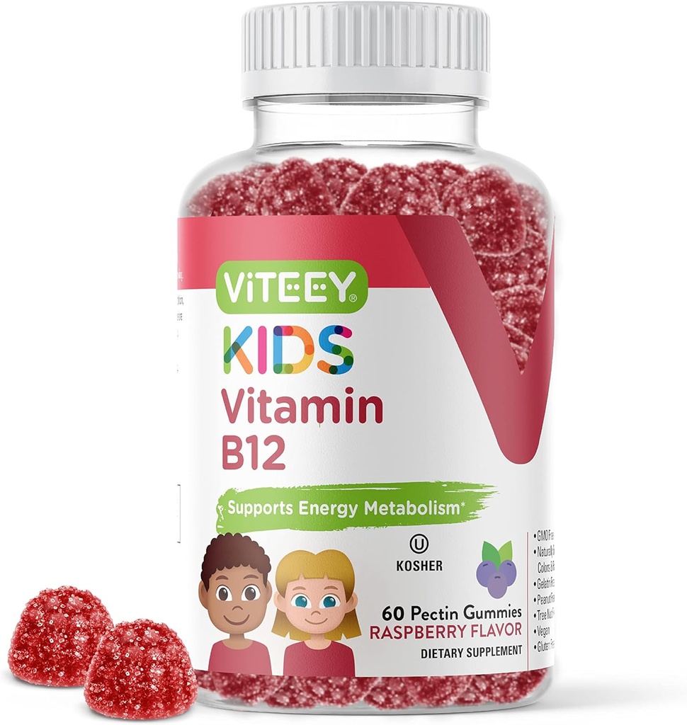 Viteey Vitamin B12 for barn Gummies, 1000mcg - Metabolisme, Naturlig Energi Support - Vegan, Gelatinfri, Glutenfri, GMO Gratis - Tastig Chewable B12 bringebær Flavored Gummy