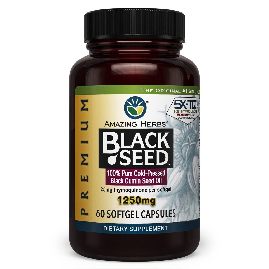 Amazing Herbs Premium Black Seed Oil Capsules - høy potens, kald presset Nigella Sativa Aids i Digestive Helse, Immun støtte og hjernefunksjon - 60 greve, 1250mg