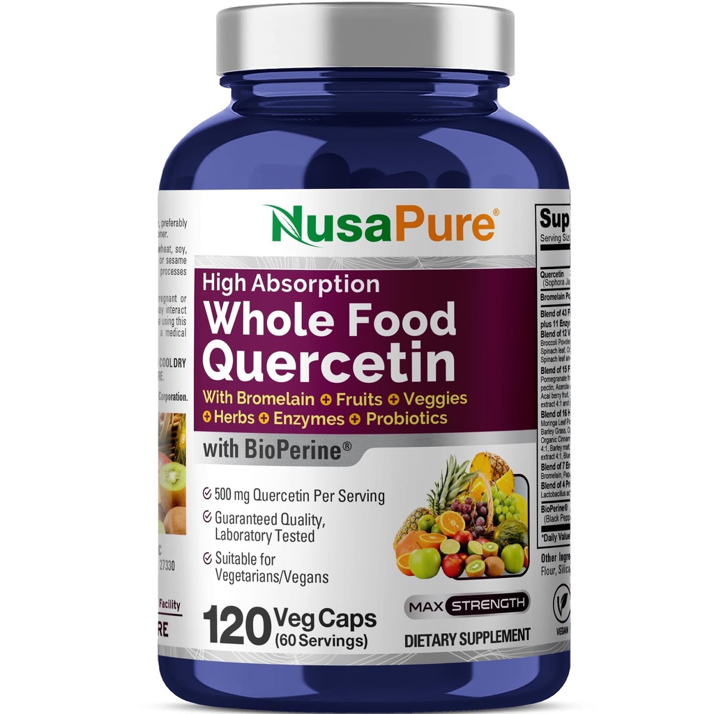 NusaPure Quercetin med Bromelain 500 mg |120 Veggie Caps | 43 Frukt Veggie Grain Urter Enzyme Probiotiske Blande | Ikke-GMO, Vegan, Bioperine