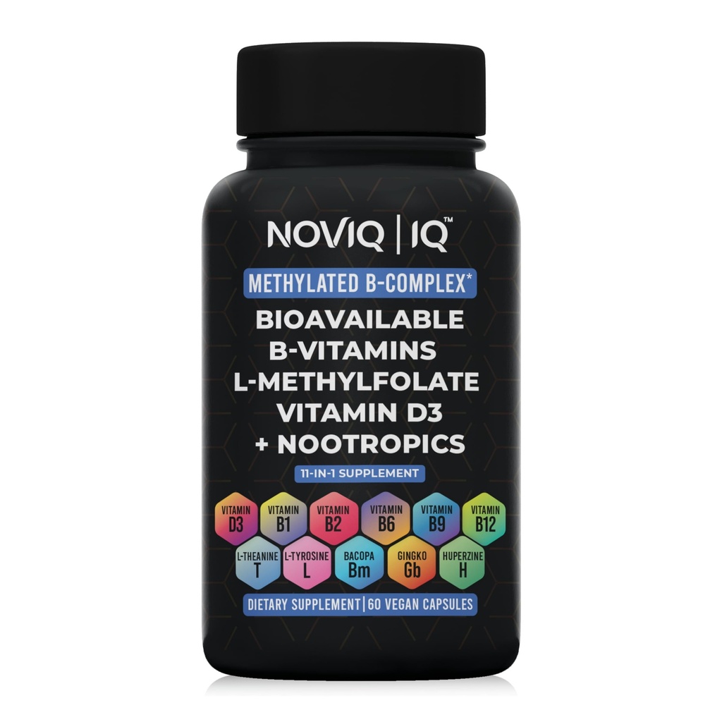 11-i-1-metylert B-kompleks Supplement: 680mcg L-Metylfolat(5-MTHF) Thiamin(B1) Riboflavin(B2) Pyridoxal(B6) Metylkobalamin(B12) - VegD3 + Nootropics - 1,100mg+ Servering-60 greve
