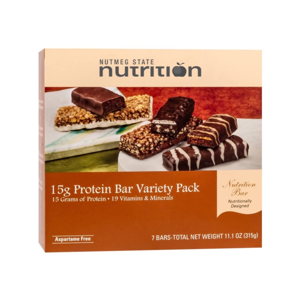 Nutmeg State Nutrition High Protein Snack og måltid utskifting Bar / Diet Bars - 15g Protein Bar Variety Pack (7ct) - Trans fett gratis, Aspartame gratis, Kosher, høy fiber