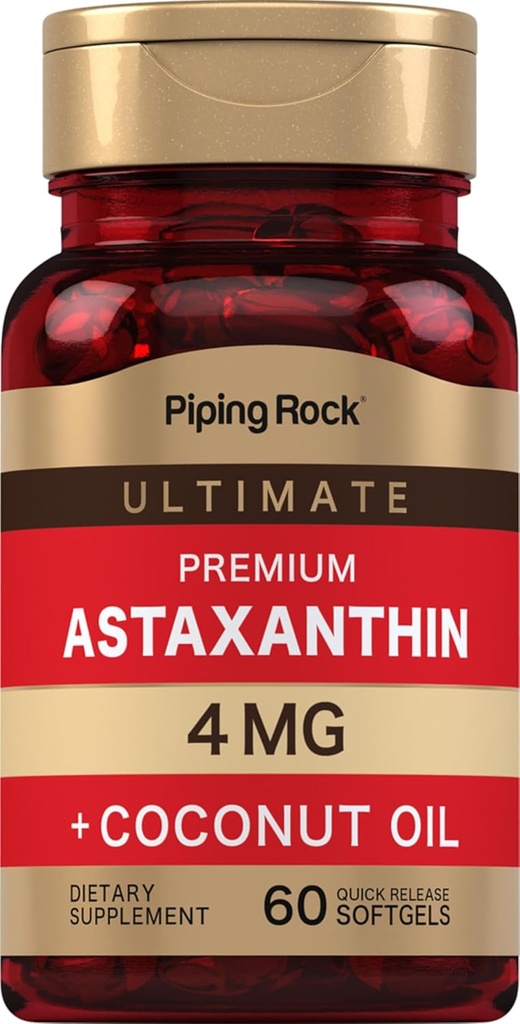 Piping Rock Astaxanthin 4mg | 60 Softgels | med kokosolje | Algae ekstrakt Supplement | Ikke GMO, Glutenfri