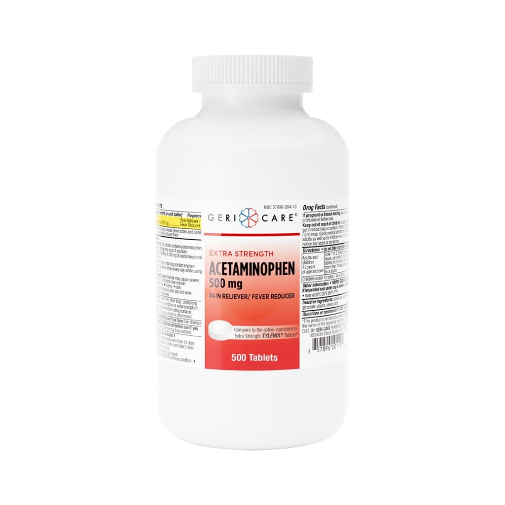 GeriCare Extra Styrke Acetaminophen smertelindring Fever Reduser Tabletter, Styrke 500mg Tablett | Leder, Muskel, ledgikt, ryggsmerter Relief, 500 Count (Pack of 1)