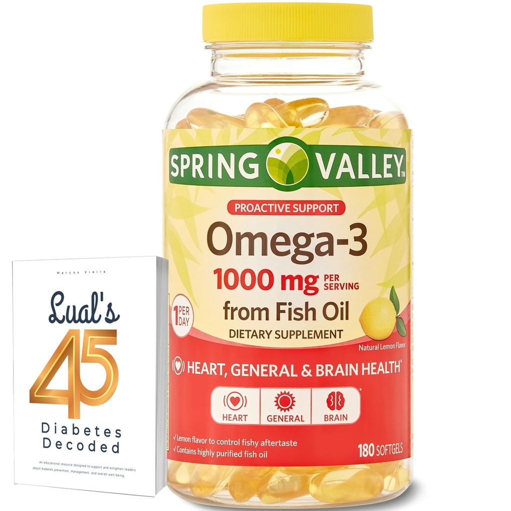 Spring Valley Omega-3 Fish Oil Myke Gels, 1000 mg, 180 greve, Diett Supplement, Omega-3 fettsyrer Bundle med Lual 45 Diabetes Dekodet