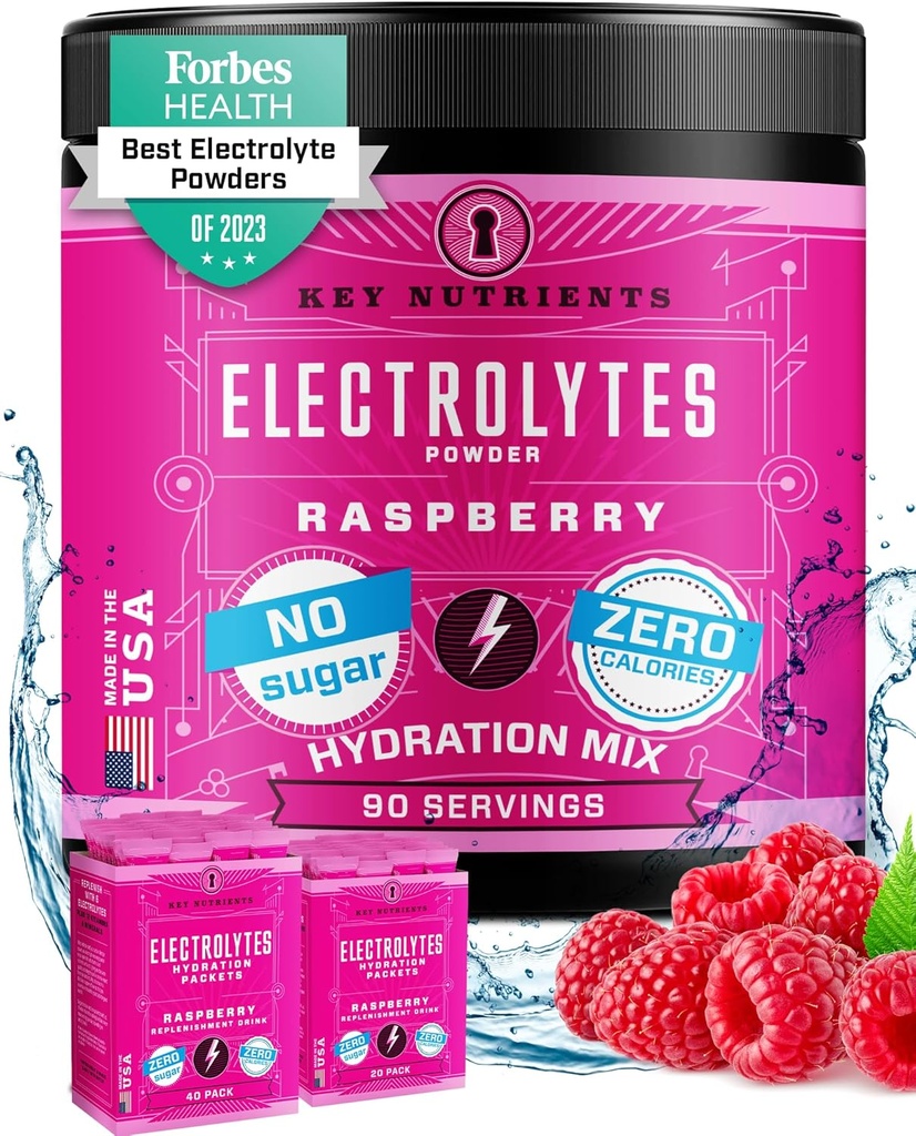 KEY NUTRIENTS Multivitamin Electrolytes pulver Ingen sukker - Juicy bringebær elektrolytt pulver - Hydration pulver - Ingen kalorier, Glutenfri ketoelektrolytter pulver - 90 serveringer - laget i USA