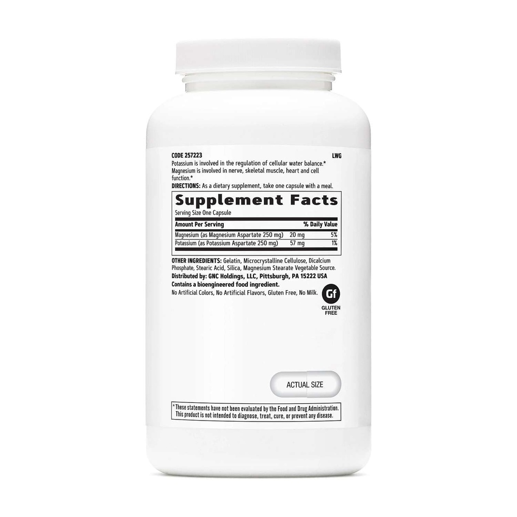GNC Kalium og magnesium Aspartate 250 mg Supplement, hjelper regulere vannbalanse, 240 Serveringer