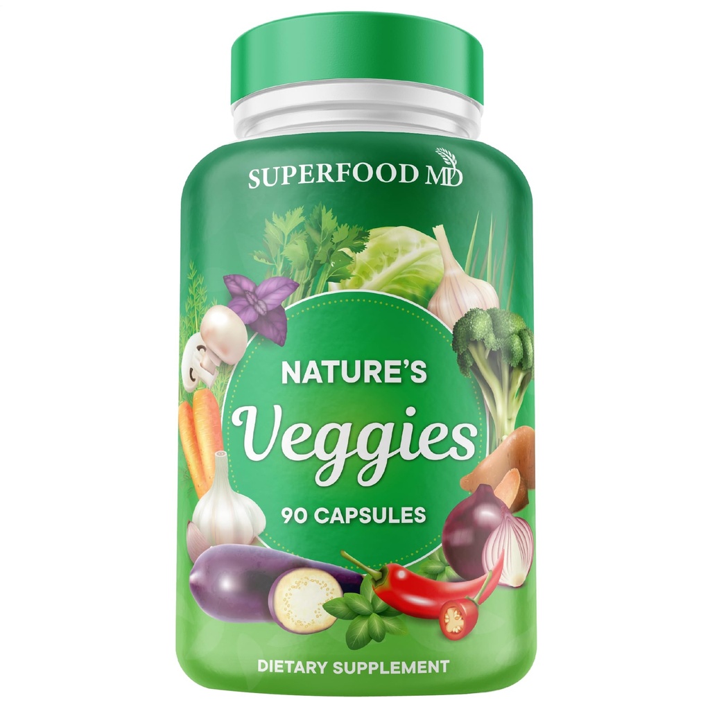 Superfood MD Veggies Supplement - 90 Veggie Capsules - støtter energinivå, Beta Caroten, vitaminer og mineraler - soya gratis - 90 Count