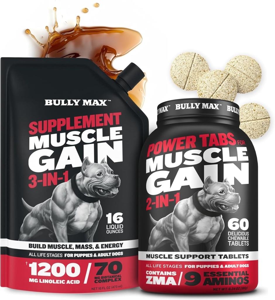 Bully Max 3-i-1 flytende hund muskelbygger og kraftfaner (60 faner) Bundle - høyproteintilskudd og Chewable multivitaminer for muskelvekst, energi og gjenoppretting i alle avler, valper og voksne hunder