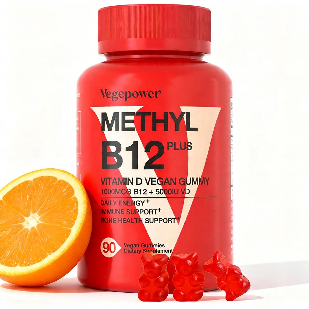 Vegansk vitamin D3 & B12 Gummies, Metyl B12 Supplement for voksne og barn, Forbedret med vitamin D 3 for naturlig energi, immunisme, metabolisme og fokus, oransje, 90 Gummies