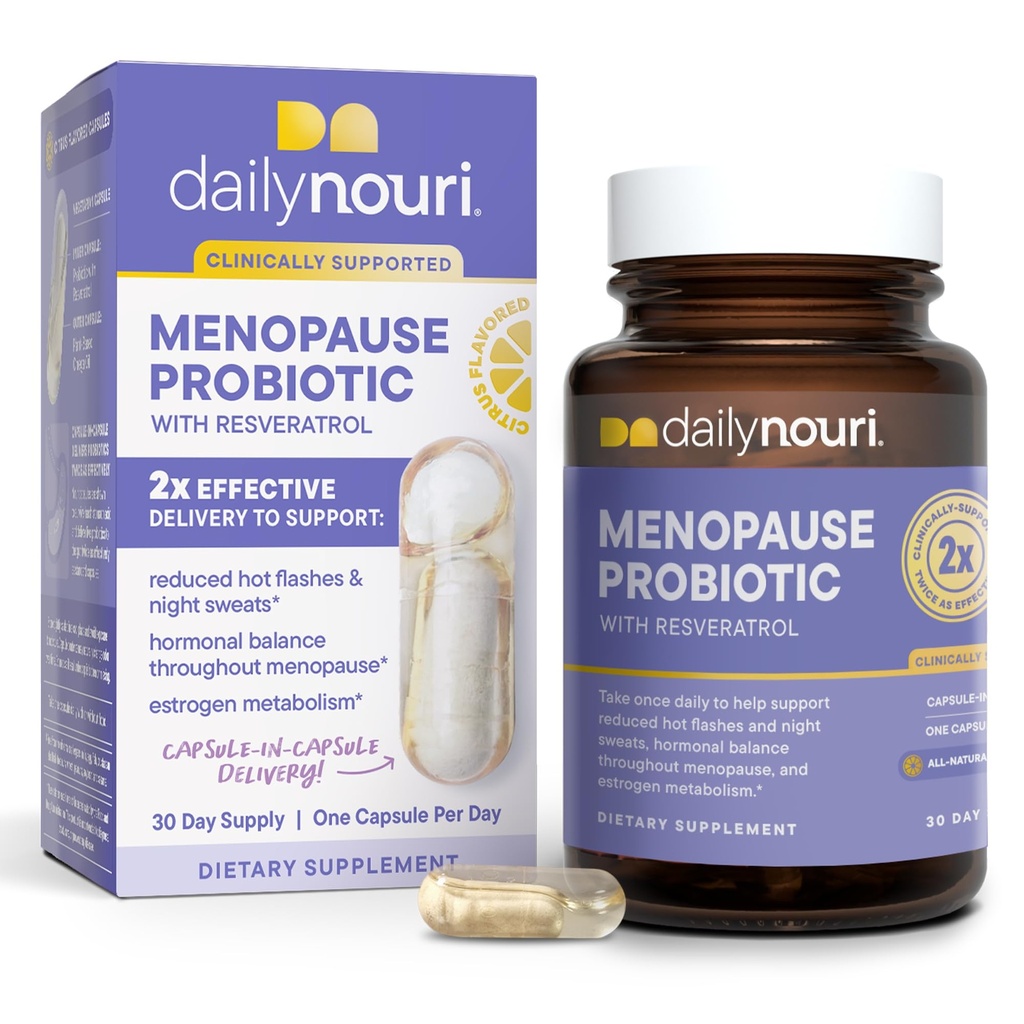Daglig Nouri Menopause Probiotika for kvinner Hormonal Balance, Hot Flashes, Natt Sweats & Gut Helse | 3 klinisk studerte Strains + Resveratrol & Omega | 30-dagers forsyning
