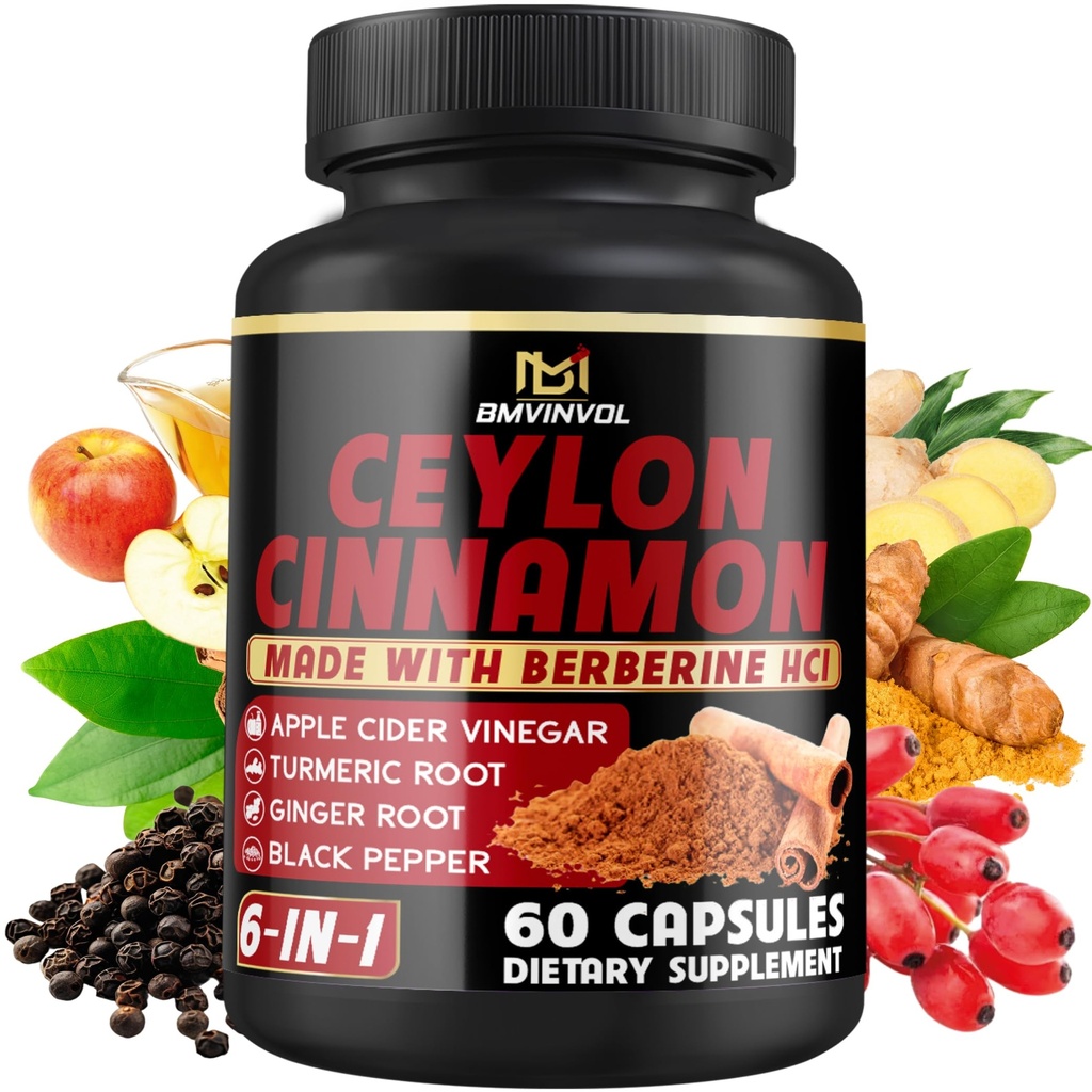 Ceylon Cinnamon Capsules med Berberine HCl, Apple Cider Vinegar, Turmeric, Ginseng, Black Pepper - 6in1 for støtte immunfunksjon - 60 Count
