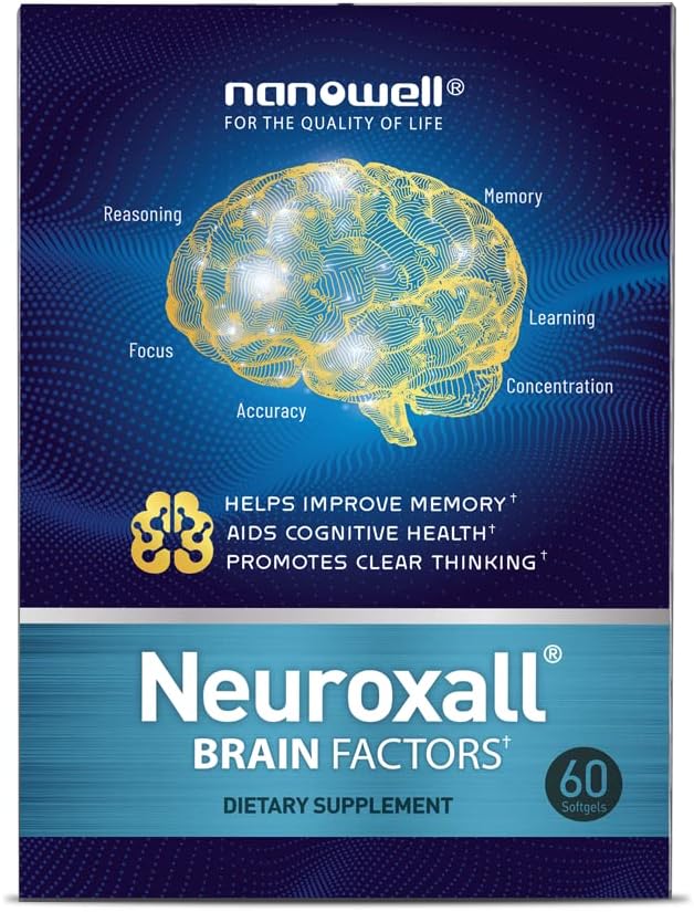 NANOWELL Neuroxall Brain Factors - Kognitiv støtte med vitamin B6, Astaxanthin, Ginkgo Biloba Extract & Fosfatidyserin - Øker hjernens helse, minne og fokus - 60 Softgels