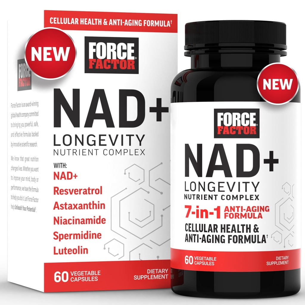 FORCE FACTOR NAD + (NMN eller Nikotinamid Riboside Alternativ) med Resveratrol, Astaxanthin, Spermidin & Luteolin Complex, NAD for å støtte celleformet helse og sunn aldring, 60 kapsler