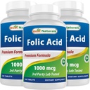 Beste Naturals Folic Acid 1000mg (Vitamin B9), 240 tabletter (1000mg (Pack of 3))