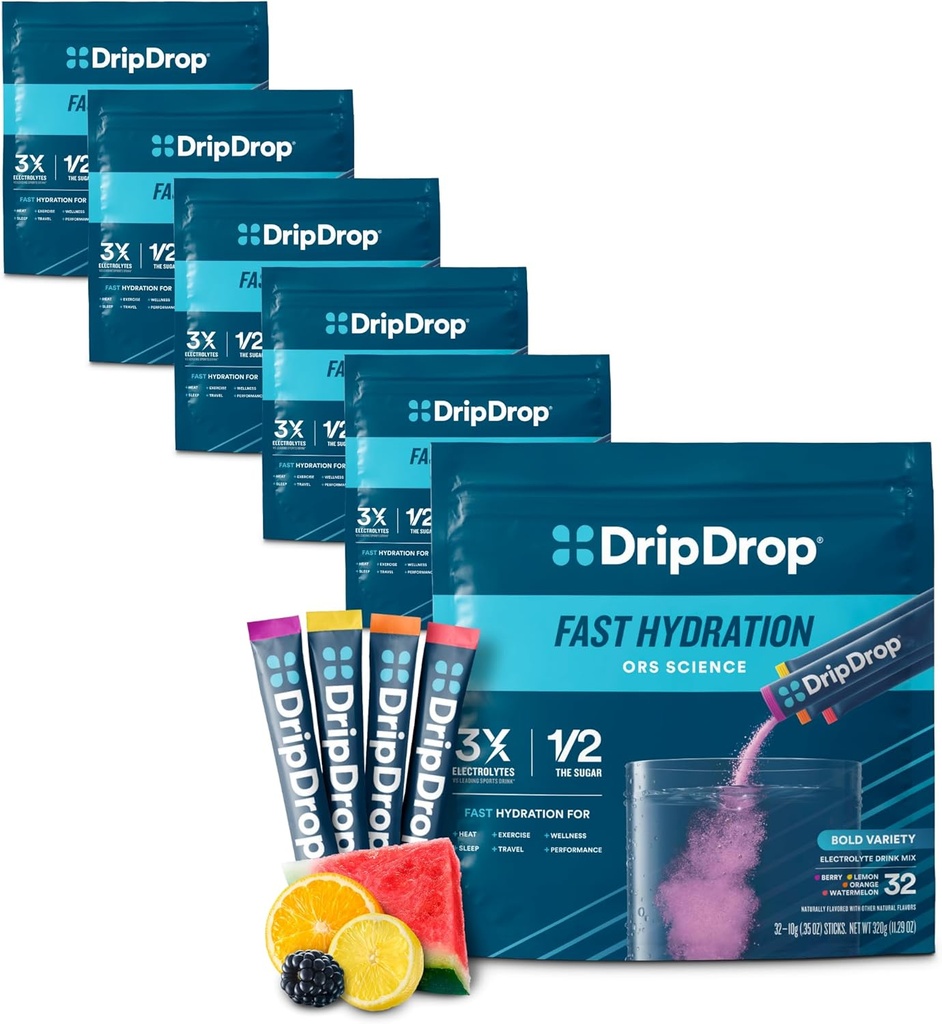 DrippDrop Hydration Packets - Bold Variety Pack - Single Servere Electrolytes Powder Drink Mix - Vannmelon, Berry, sitron, oransje - Ikke-GMO, Glutenfri, Vegansk - 192 Sticks