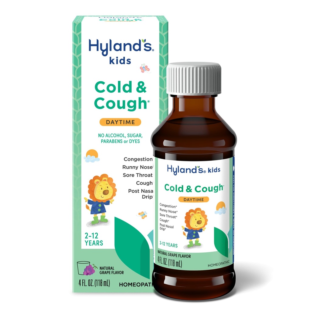 Hylands barn kalde og cough, dagtid Grape Flavor Cough Syrup medisin for barn alder 2 og opp, Decongestant, Sore Throat Relief, naturlig behandling for vanlige kalde symptomer, 4 fl Oz