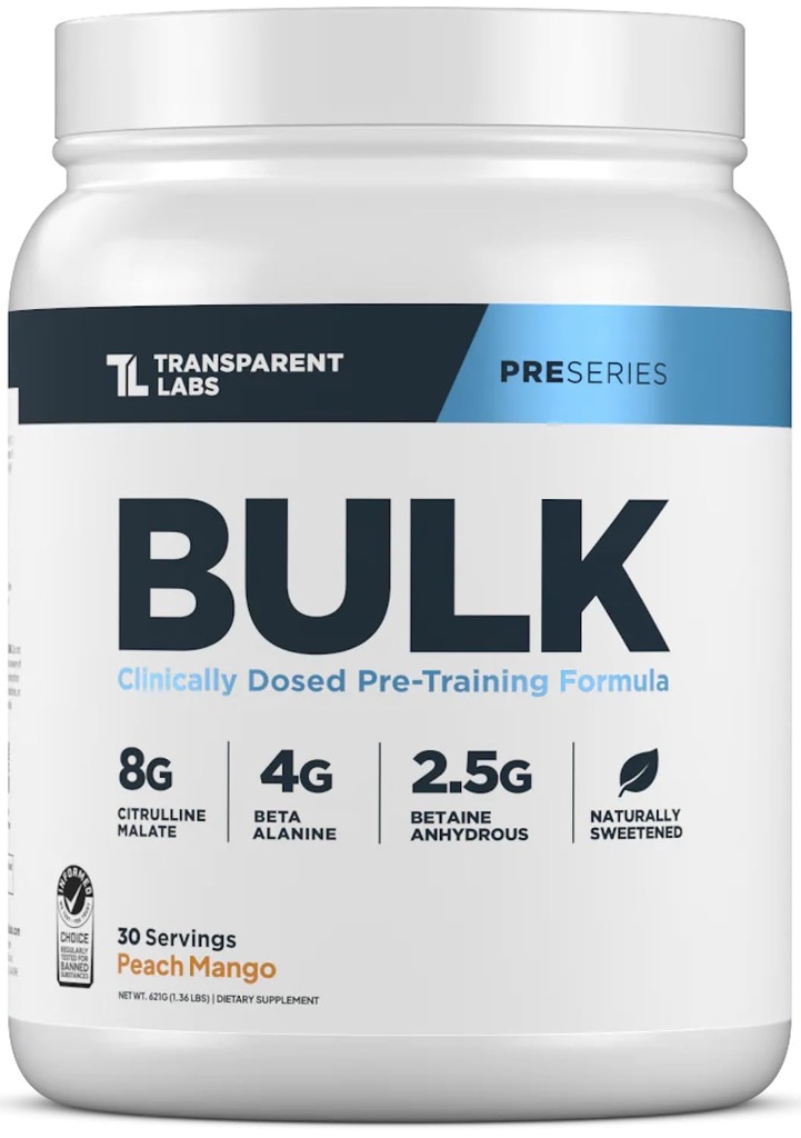 Transparent Labs bulk pre trening pulver - naturlig søtet avansert pre-arbeid formel for muskelbygging og styrke - 30 serveringer, fersken mango