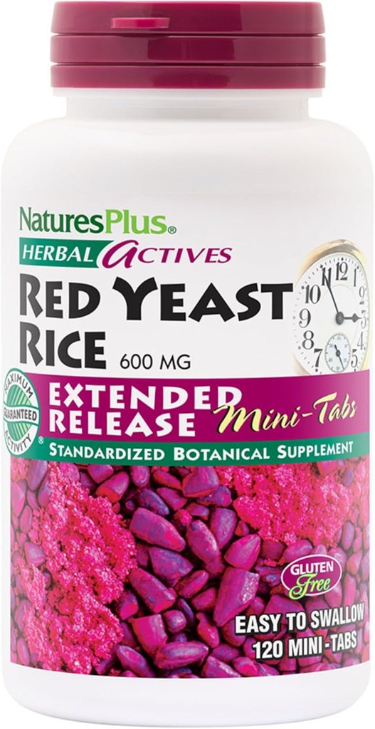 NaturesPlus Herbal Actives Red Yeast Rice Extended Release 600 mg - 120 Mini-Tabs, Pakke med 2 - Støtter generell velvære - Vegetarisk, Glutenfri - 120 Total Services