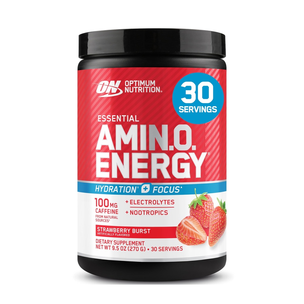 Optimal ernæring Amino Energy Powder Plus Focus, med BCAA, elektrolyter og koffein, Juicy Strawberry, 30 serveringer (Packing May Vary)