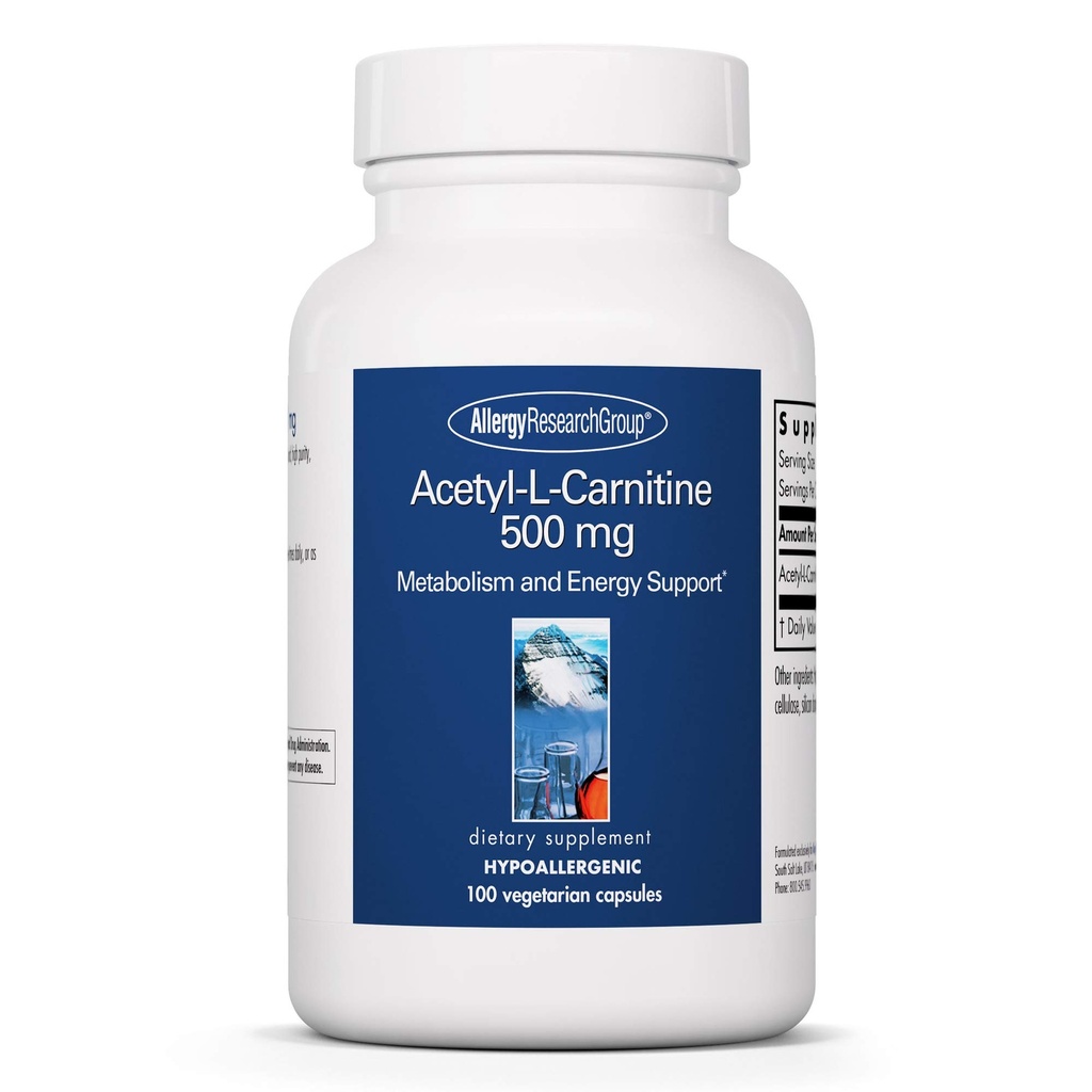 Allergi Forskningsgruppe Acetyl-L-Carnitine 500 mg Supplement - Metabolisme og energi støtte, ALC, gratis skjema Aminosyre, vegetariske kapsler - 100 greve