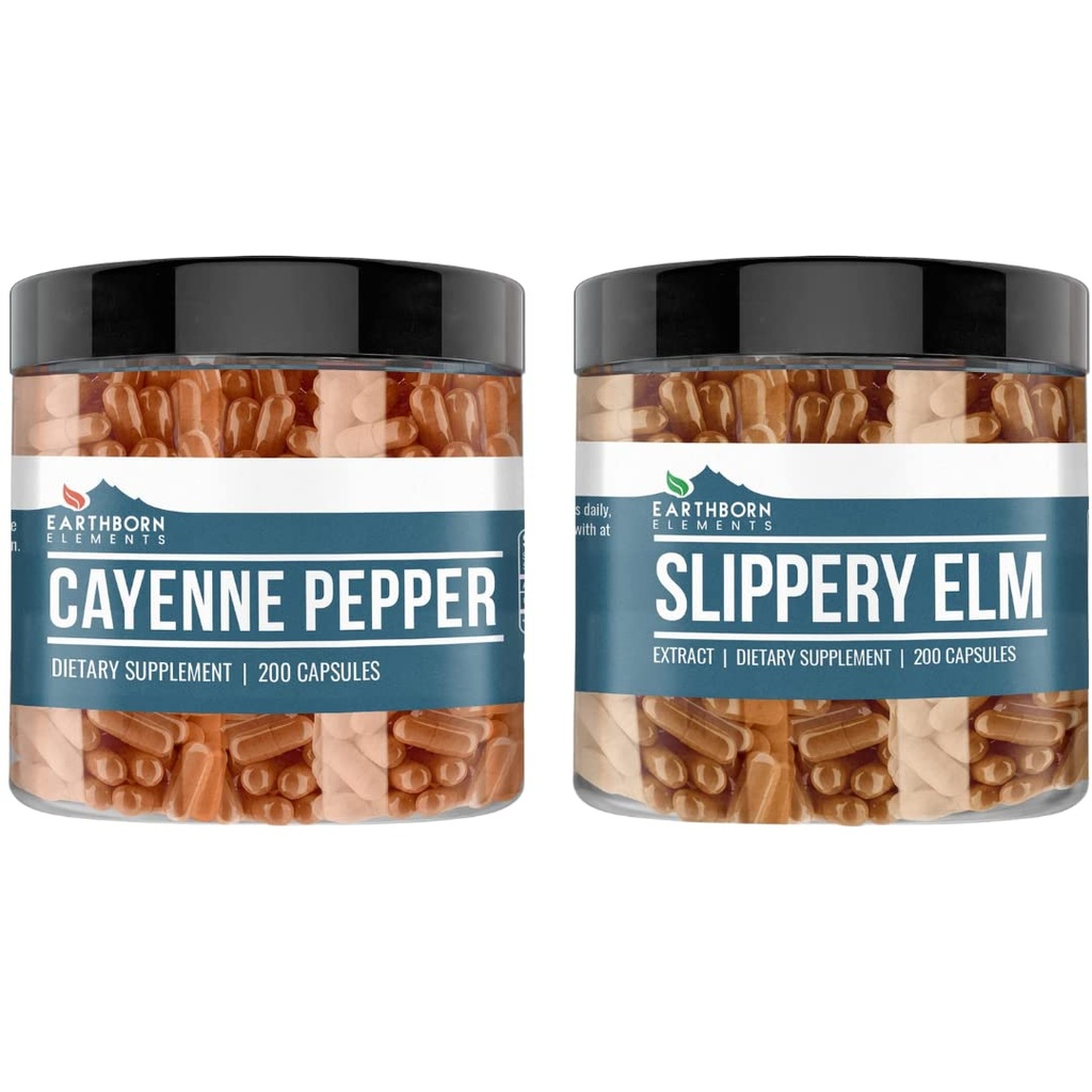 Jordbårne elementer Cayenne Pepper & Slippery Elm Bundle (200 kapsler hver) ren og ufortynnet, Ingen tilsetningsmidler